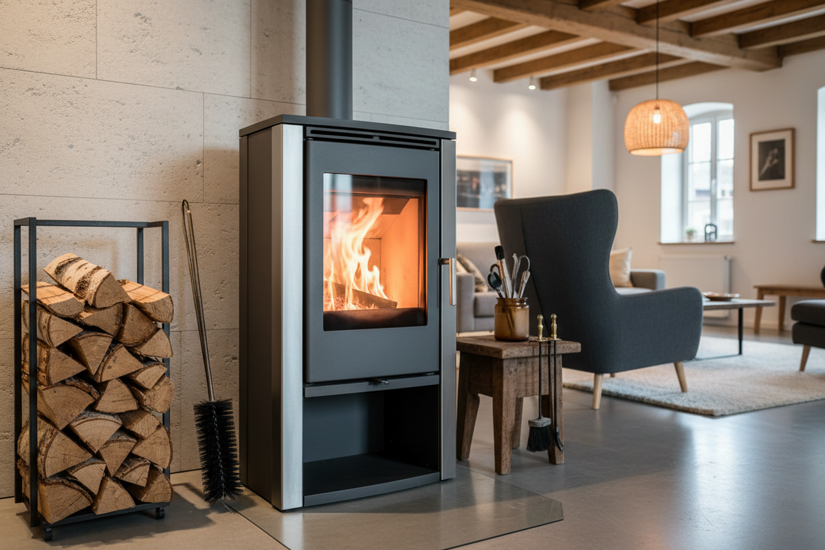 Kaminofen mit brennenden Holzscheiten und einem Brennholzvorrat im Wohnzimmer