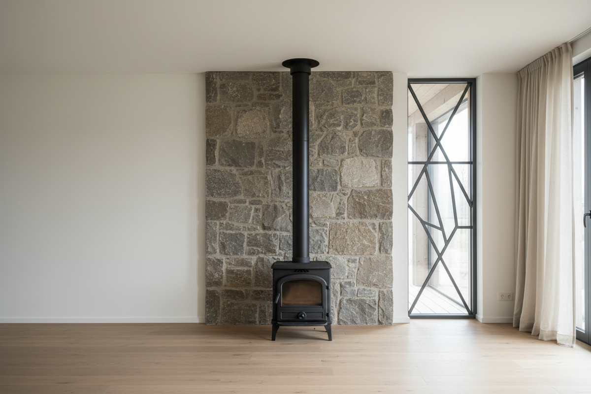 Kaminofen neben einem modernen geschlossenen Fenster im renovierten Wohnraum