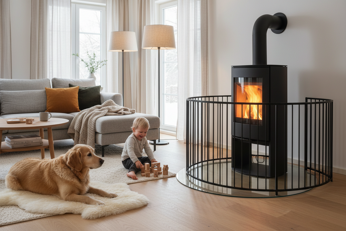 Kaminofen hinter einem Schutzgitter mit einem Kind und einem Hund im Wohnraum