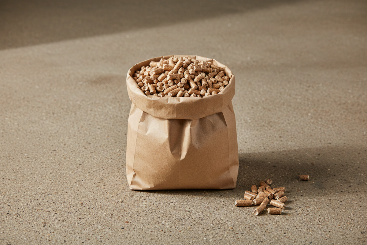 Offener unbedruckter Papiersack mit Holzpellets und einigen losen Pellets daneben
