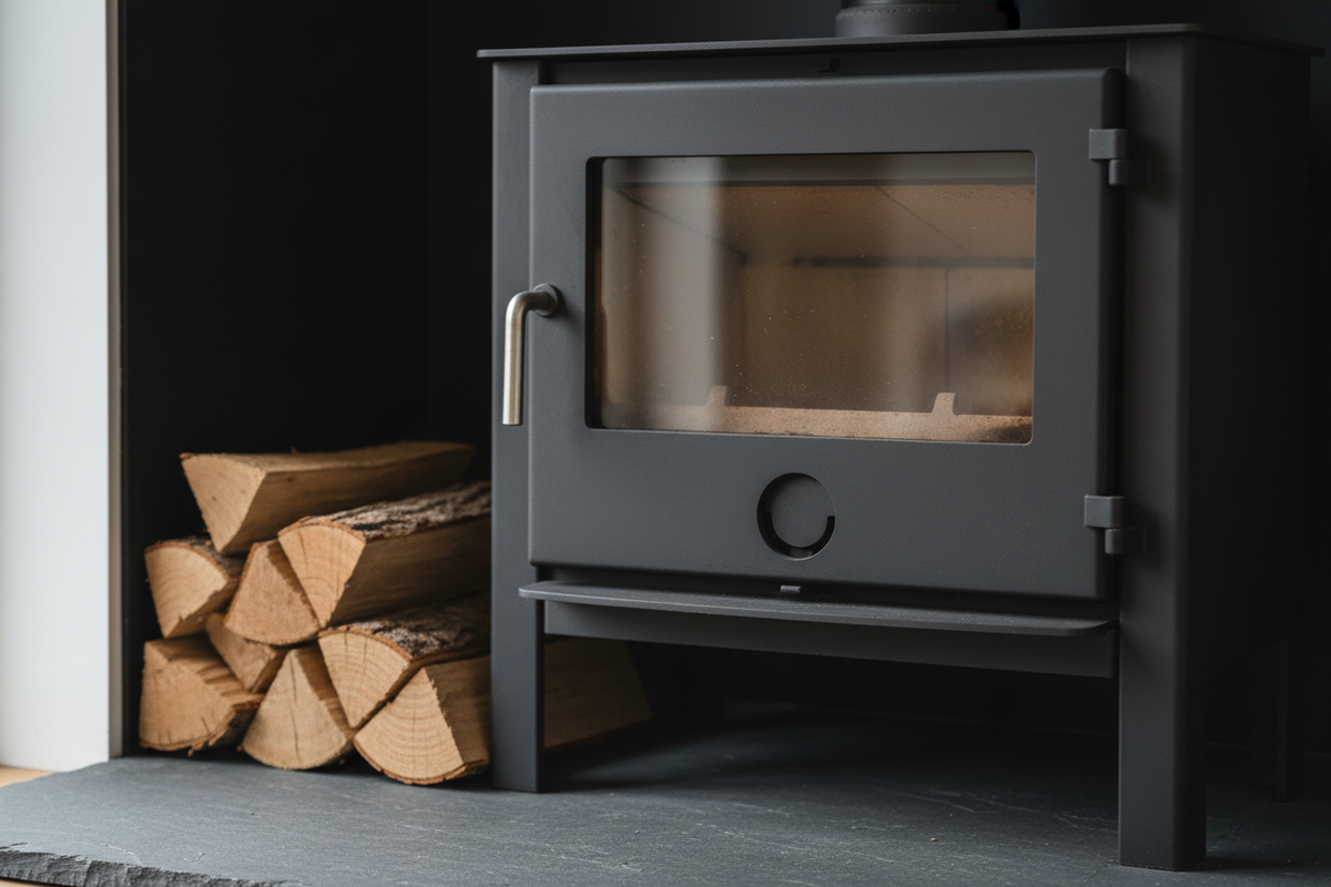 Mattschwarze Kaminofenoberfläche mit Metallkanten und geschlossener Glastür