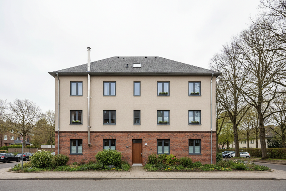 Mehrfamilienhaus mit einem außen an der Fassade geführten Edelstahlschornstein