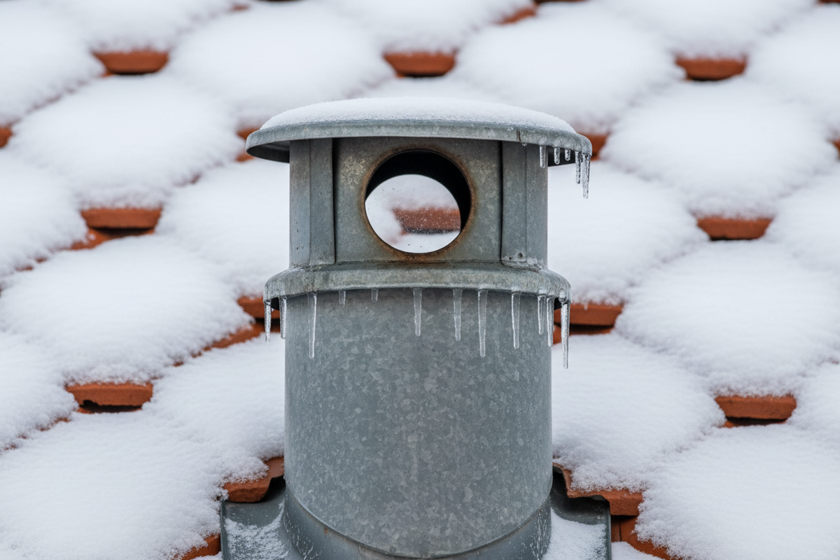 Kleine Eiszapfen am äußeren Rand eines Schornsteinabschlusses im Winter