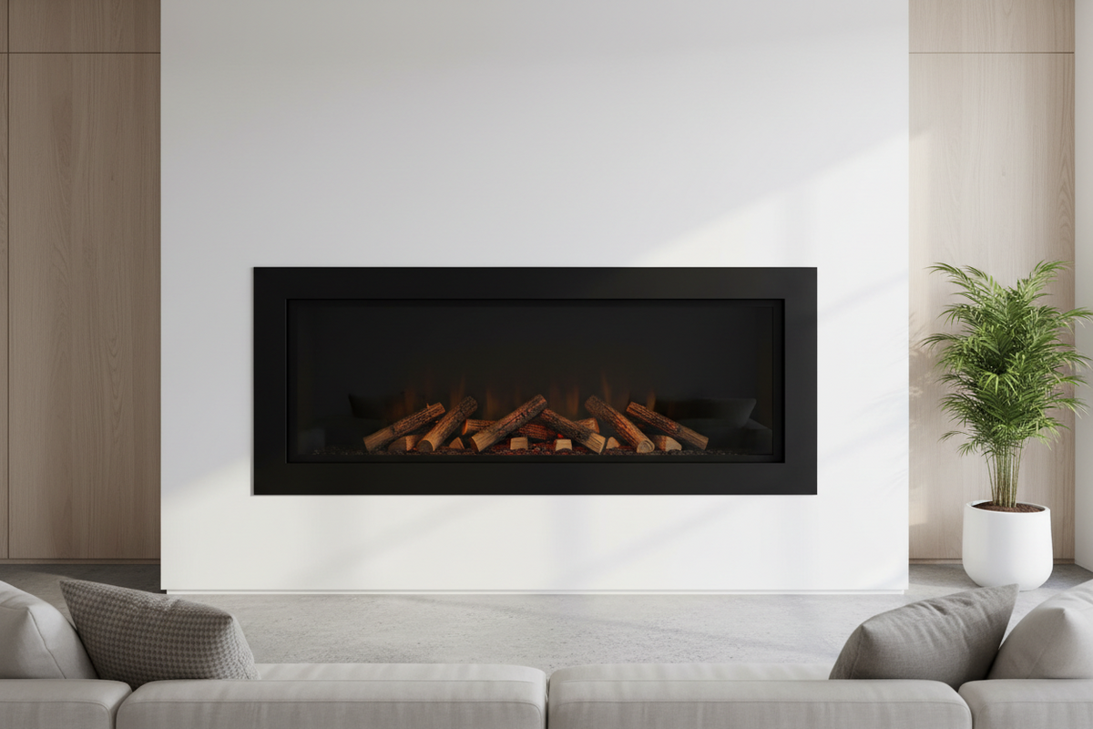LED-Elektrokamin mit dunklem Flammendisplay und künstlichen Holzscheiten