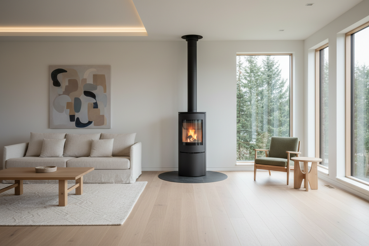 Moderner Kaminofen in einem hellen sanierten Wohnzimmer mit großen Fenstern