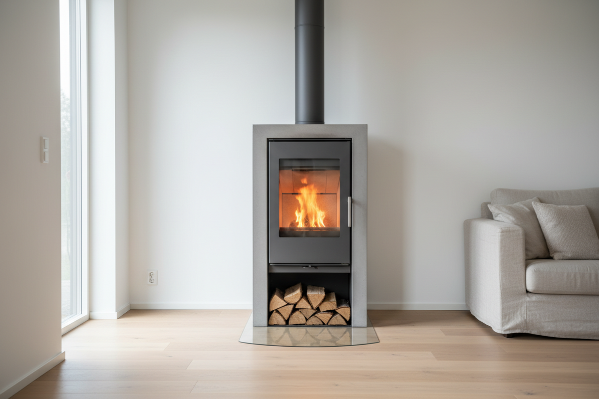 Kaminofen mit sichtbarem Feuer und Holzfach in einem hellen Wohnraum