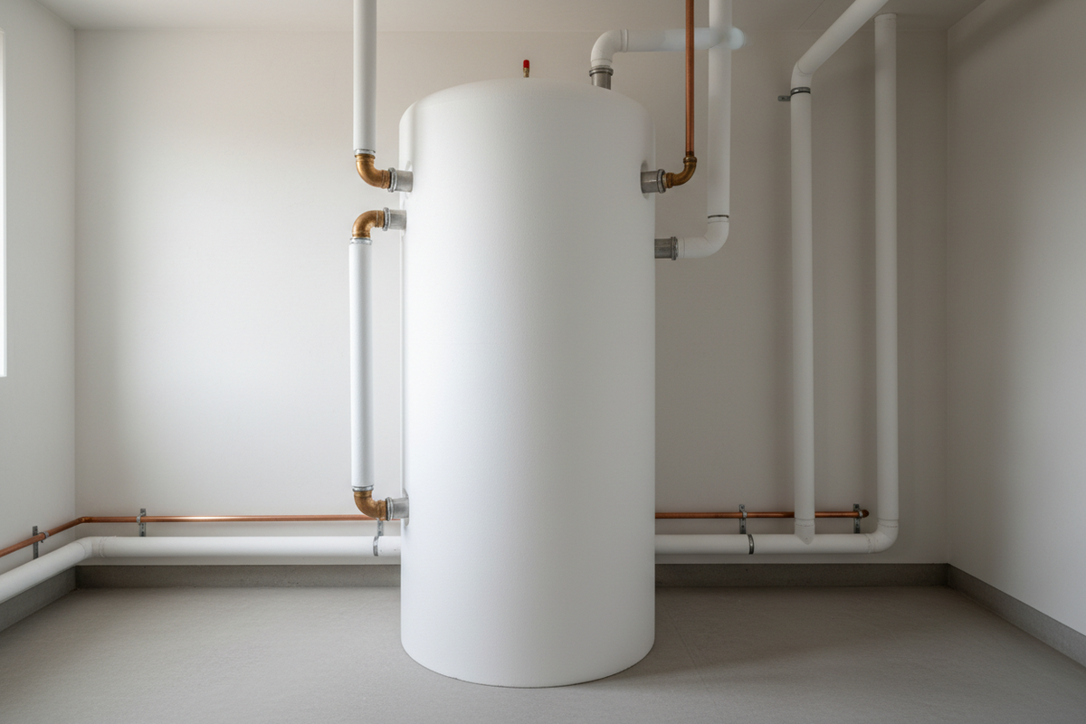 Gedämmter Pufferspeicher mit isolierten seitlichen Rohranschlüssen