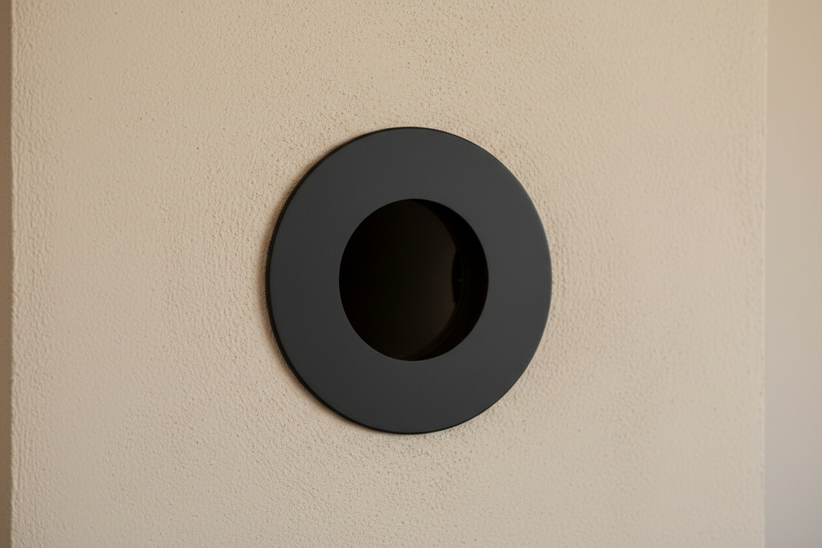 Rundes schwarzes Wandfutter mit Anschlussrosette in einer hell verputzten Schornsteinwand