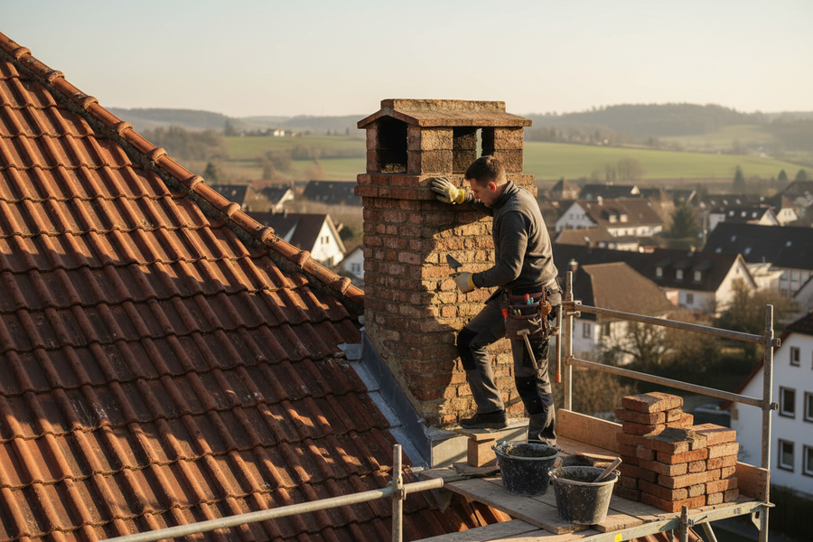 Handwerker bei Sanierungsarbeiten an einem gemauerten Schornstein auf dem Dach