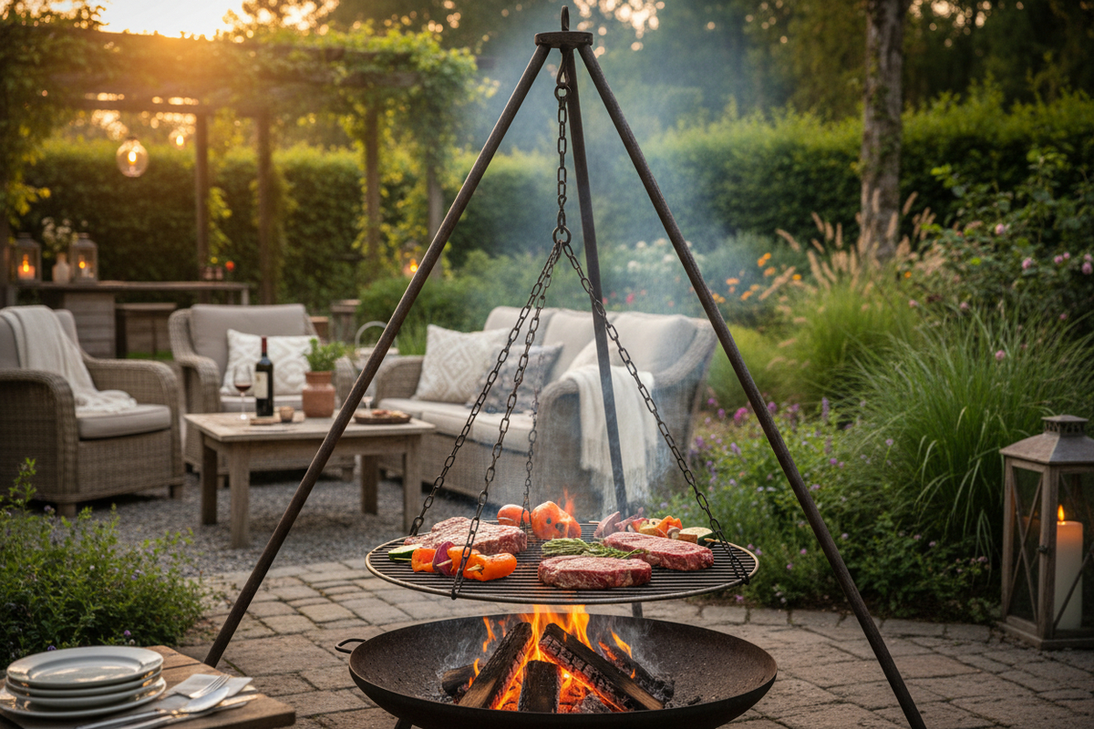 Schwenkgrill mit Dreibein und höhenverstellbarem Rost über einer Feuerschale