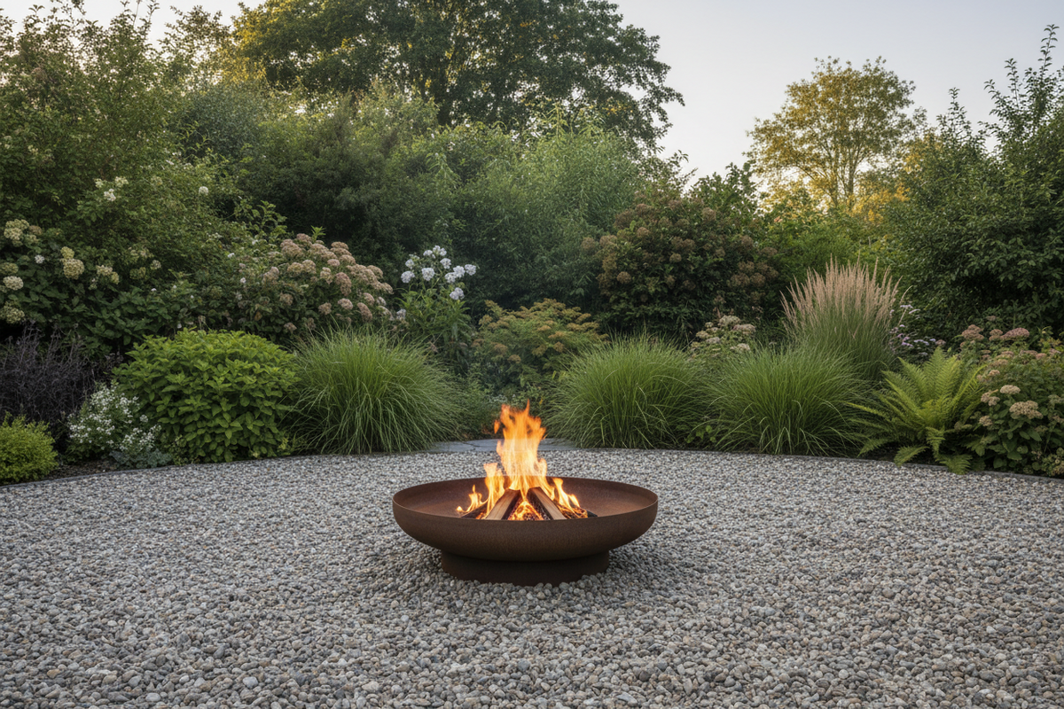 Stählerne Feuerschale mit Holzfeuer auf einem Kiesplatz im Garten