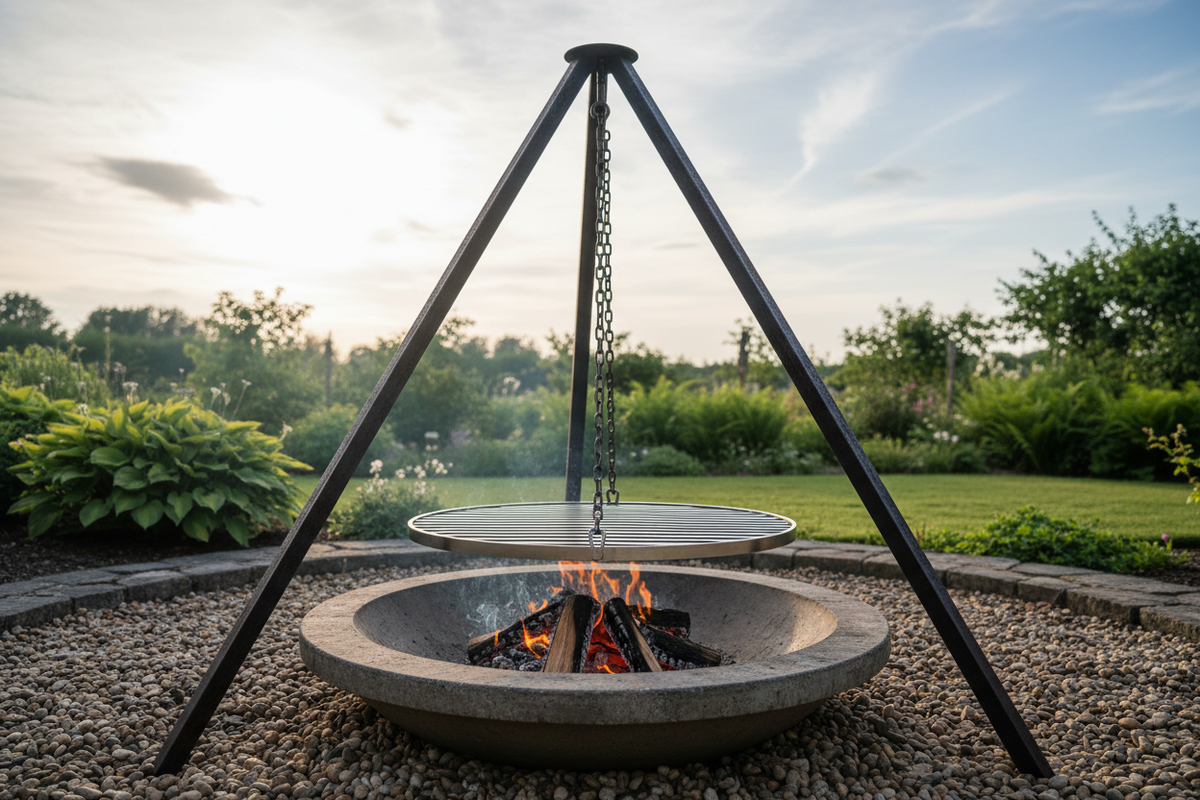 Schwenkgrill mit rundem Rost und Kettenaufhängung über einer Feuerschale