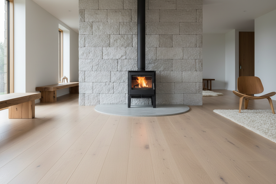Schwarzer Holz-Kaminofen mit senkrechtem Rauchrohr vor einer hellen Steinwand