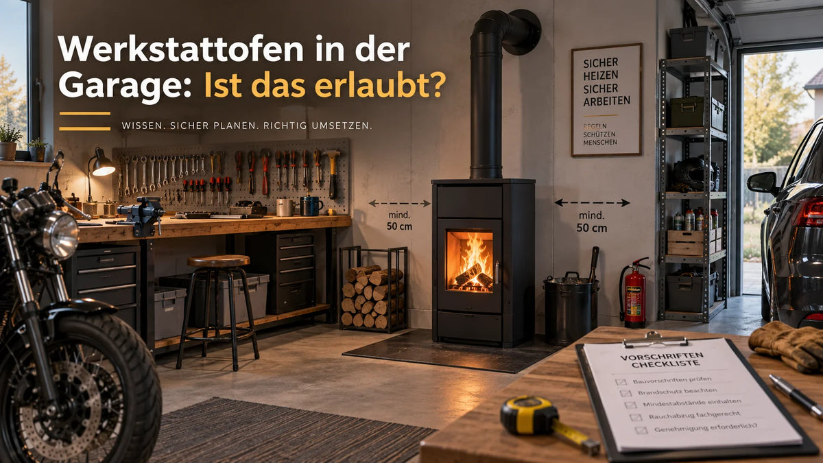 Illustration „Werkstattofen in der Garage: Ist das erlaubt?“ mit brennendem Ofen, Werkbank, Auto und Motorrad
