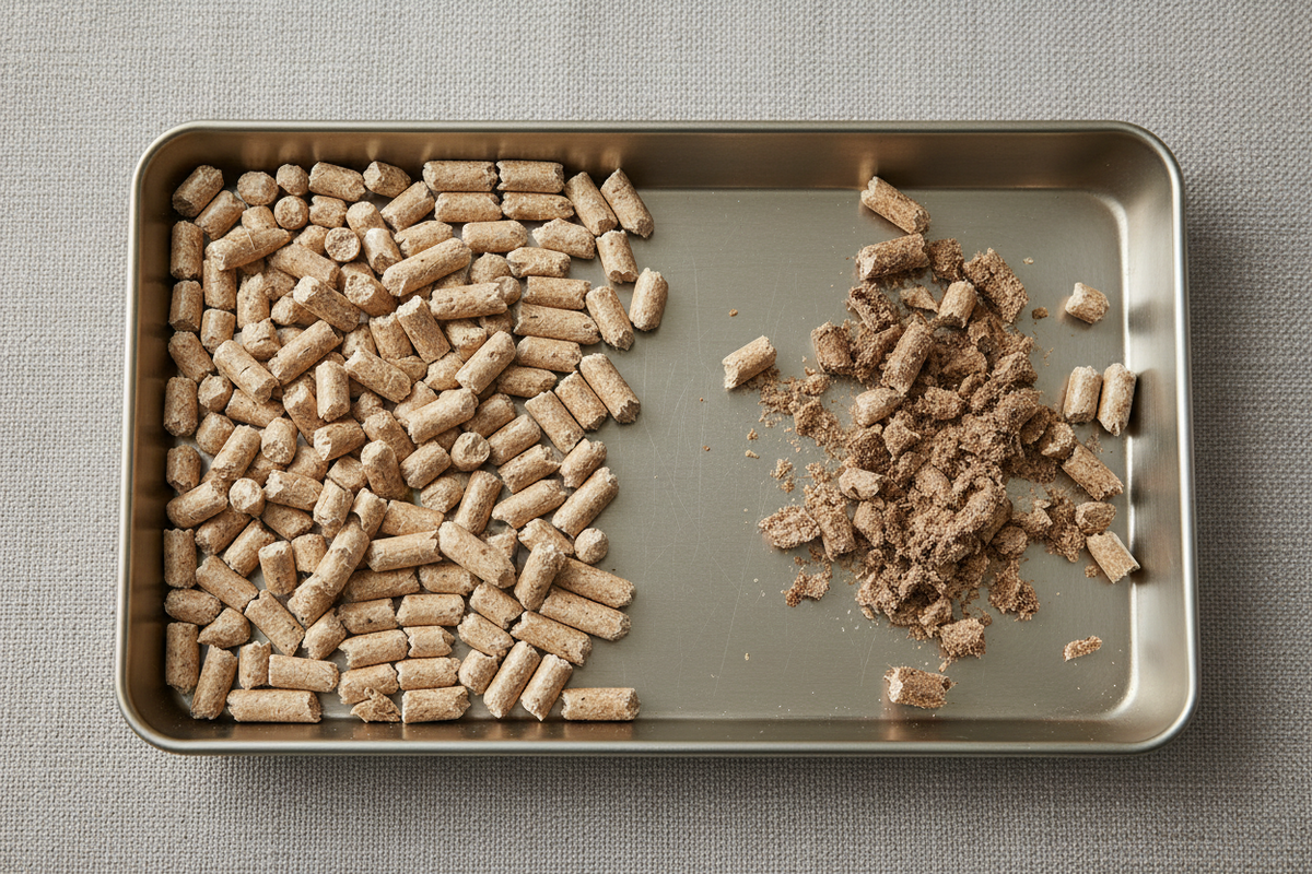 Intakte Holzpellets neben aufgequollenen und zerfallenen Pelletstücken