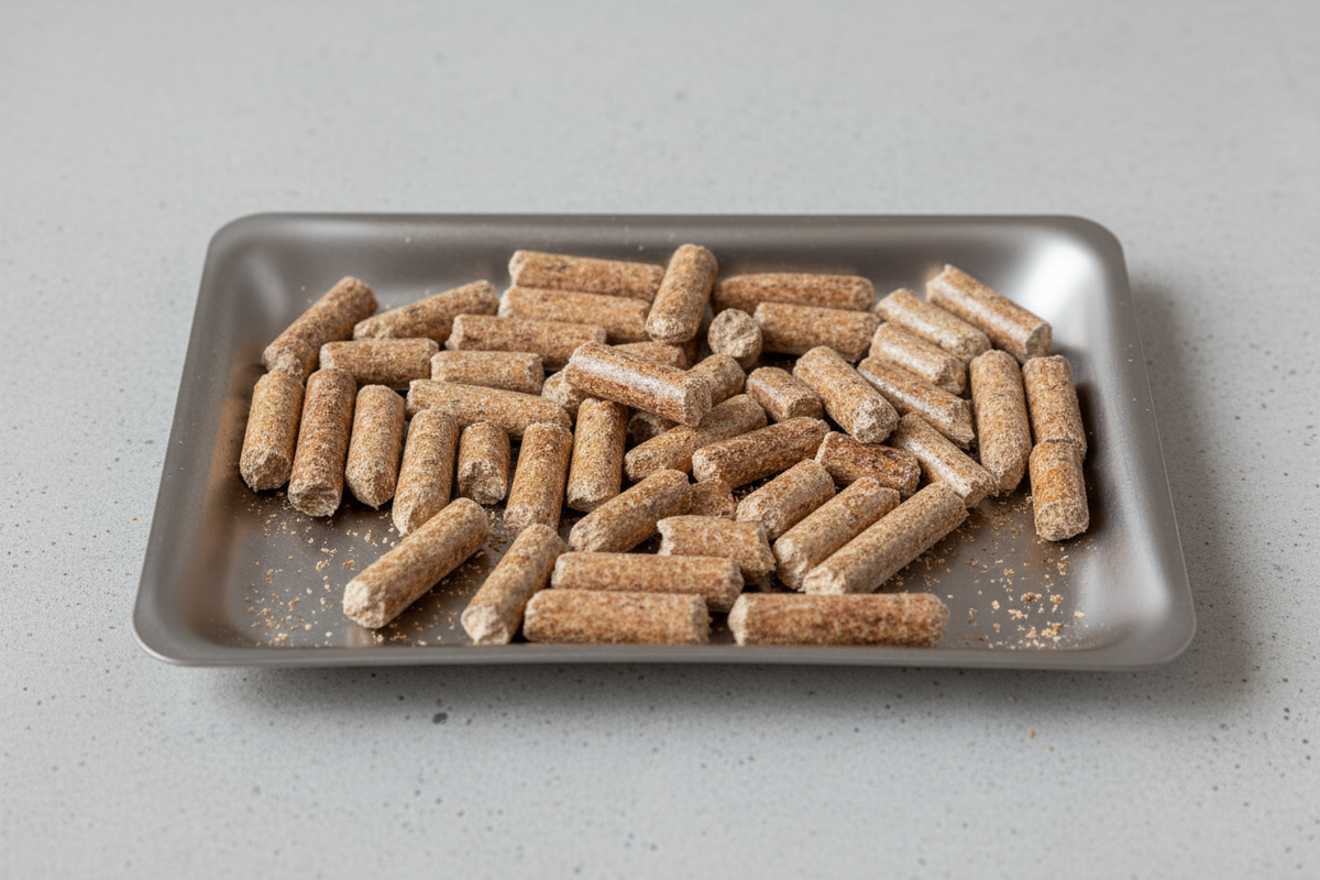 Holzpellets mit feinen Holzstaubpartikeln in einer offenen Metallschale