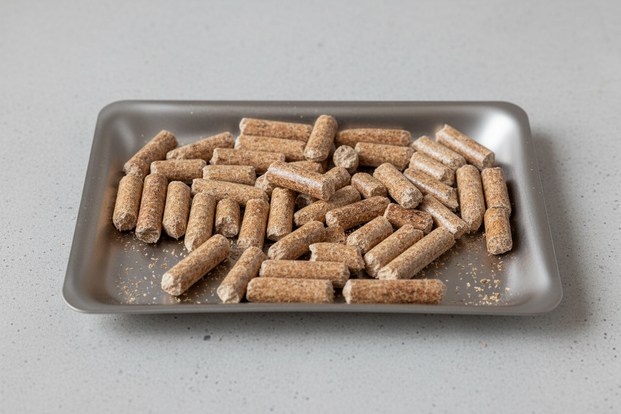 Holzpellets mit feinen Holzstaubpartikeln in einer offenen Metallschale