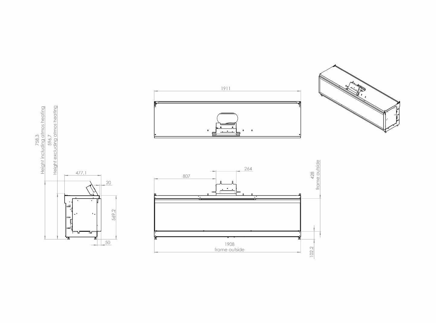 Elektrokamin Kalfire E-one 190F Technische Zeichnung - ofenerlebnis.de