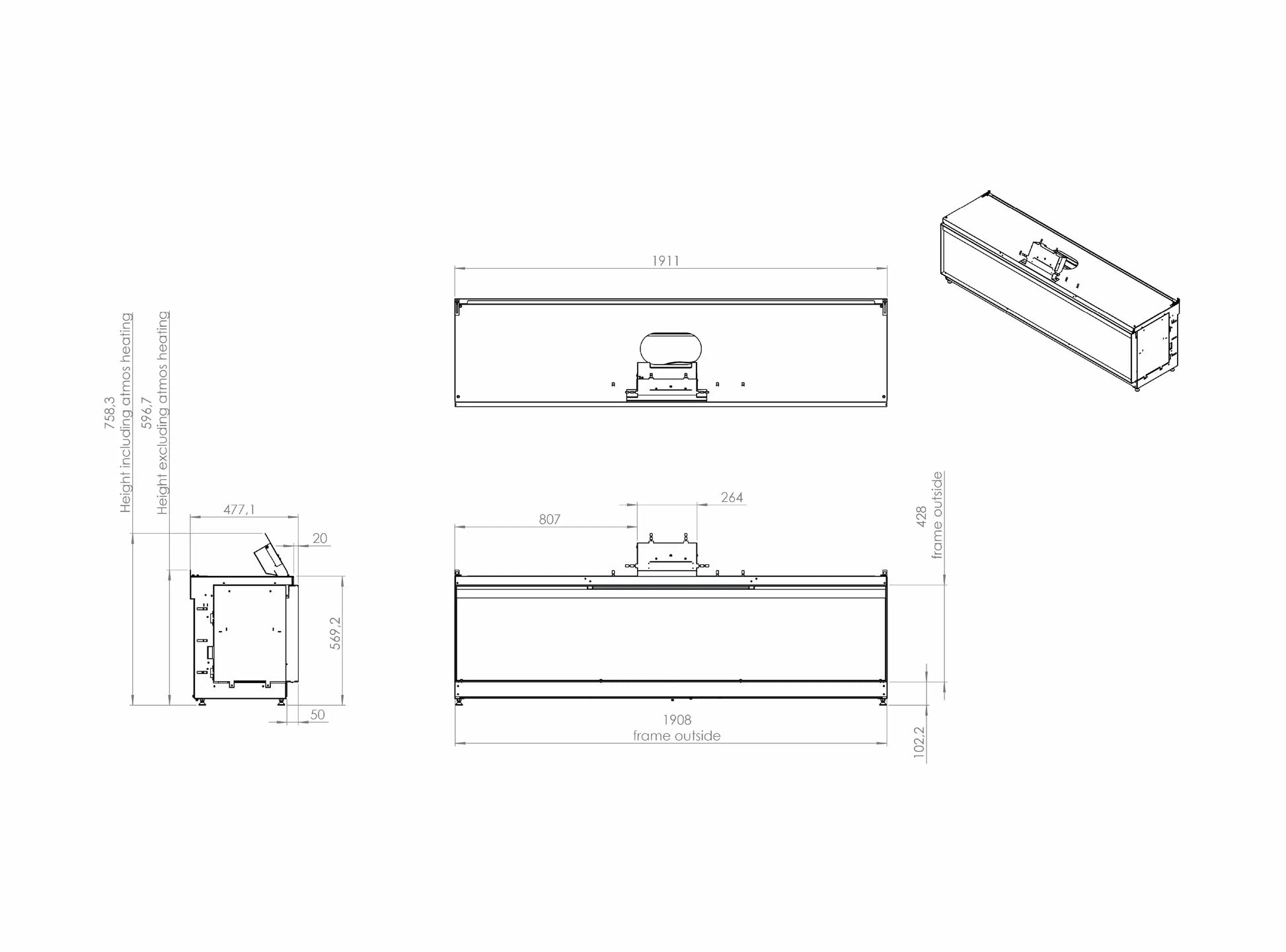 Elektrokamin Kalfire E-one 190F Technische Zeichnung - ofenerlebnis.de