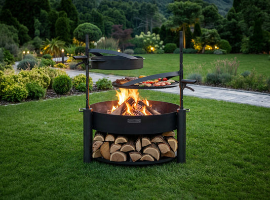 Feuerschale MONTANA X 80 cm im Garten mit brennendem Feuer, Grillrost mit Fleisch und Gemüse sowie höhenverstellbarer Stahlpfanne
