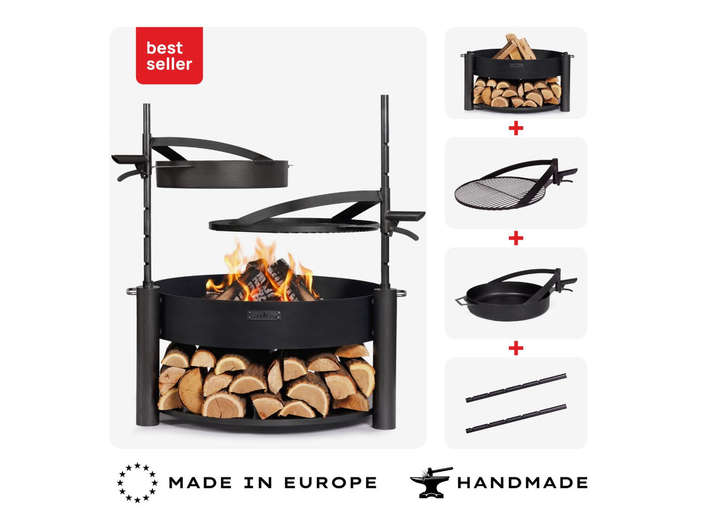 Feuerschale MONTANA X 80 cm Set mit Grillrost, Pfanne und Holzablage aus Rohstahl.