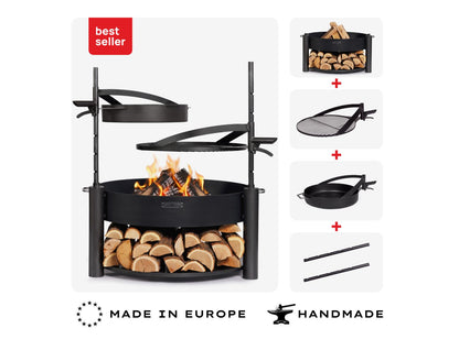 Feuerschale MONTANA X 80 cm Set mit Grillrost, Pfanne und Holzablage aus Rohstahl.