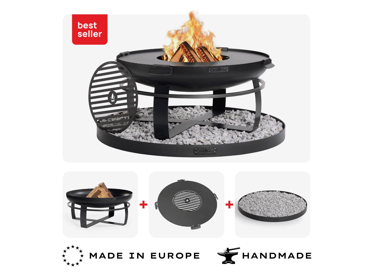 Viking 80 cm Feuerschalen-Set inklusive Grillplatte, Grillrost und runder Steinbasis – handgefertigtes Grill-Zubehör aus europäischer Produktion.
