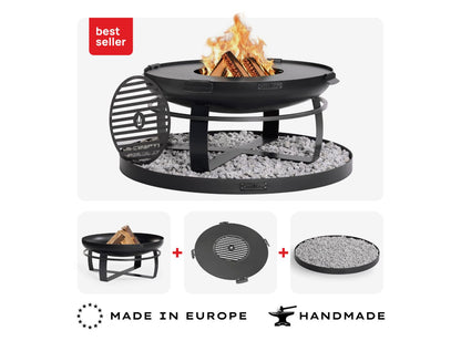 Viking 80 cm Feuerschalen-Set inklusive Grillplatte, Grillrost und runder Steinbasis – handgefertigtes Grill-Zubehör aus europäischer Produktion.