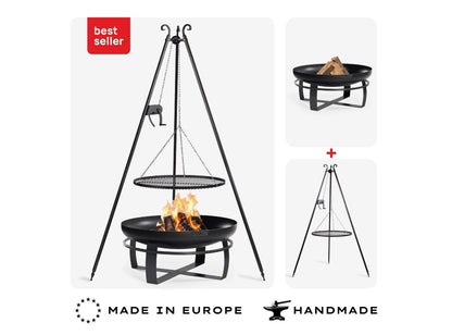„Viking Grill-Set Lieferumfang: 80cm Feuerschale und 180cm Schwenkgrill mit Kurbel, handgefertigt in Europa.“
