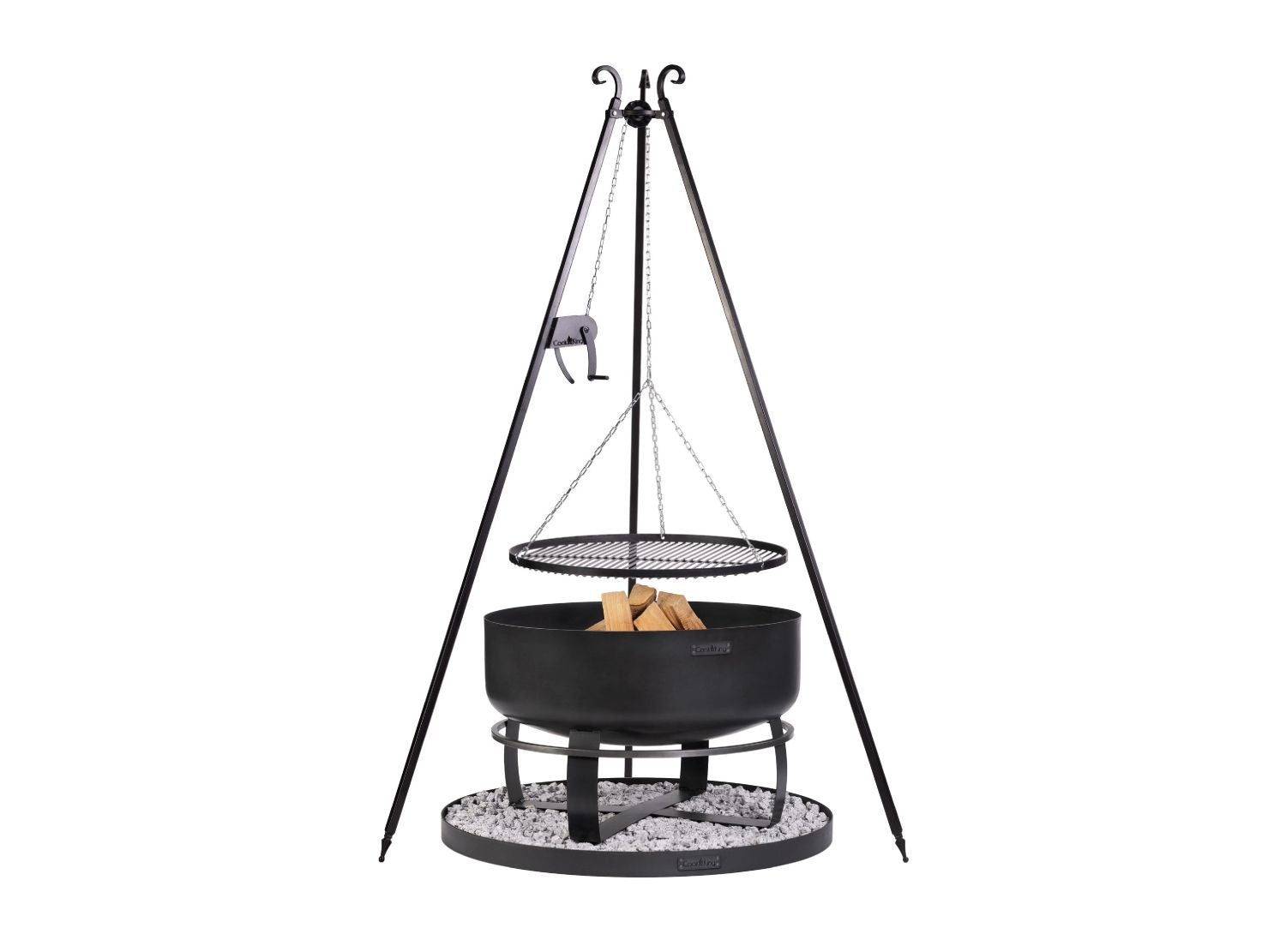 Premium-Grillset mit 180 cm Schwenkgrill, Kurbel, Viking XXL Feuerschale und runder 100 cm Steinbasis aus Naturstahl.