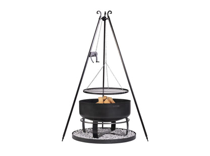 Premium-Grillset mit 180 cm Schwenkgrill, Kurbel, Viking XXL Feuerschale und runder 100 cm Steinbasis aus Naturstahl.