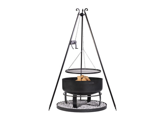 Premium-Grillset mit 180 cm Schwenkgrill, Kurbel, Viking XXL Feuerschale und runder 100 cm Steinbasis aus Naturstahl.