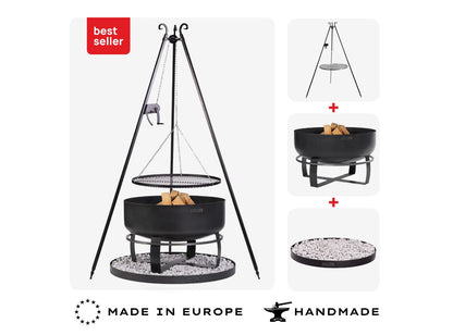 Best Seller Set-Übersicht: Handgefertigter Schwenkgrill, Viking XXL Feuerschale und 100 cm Steinbasis aus europäischer Produktion.