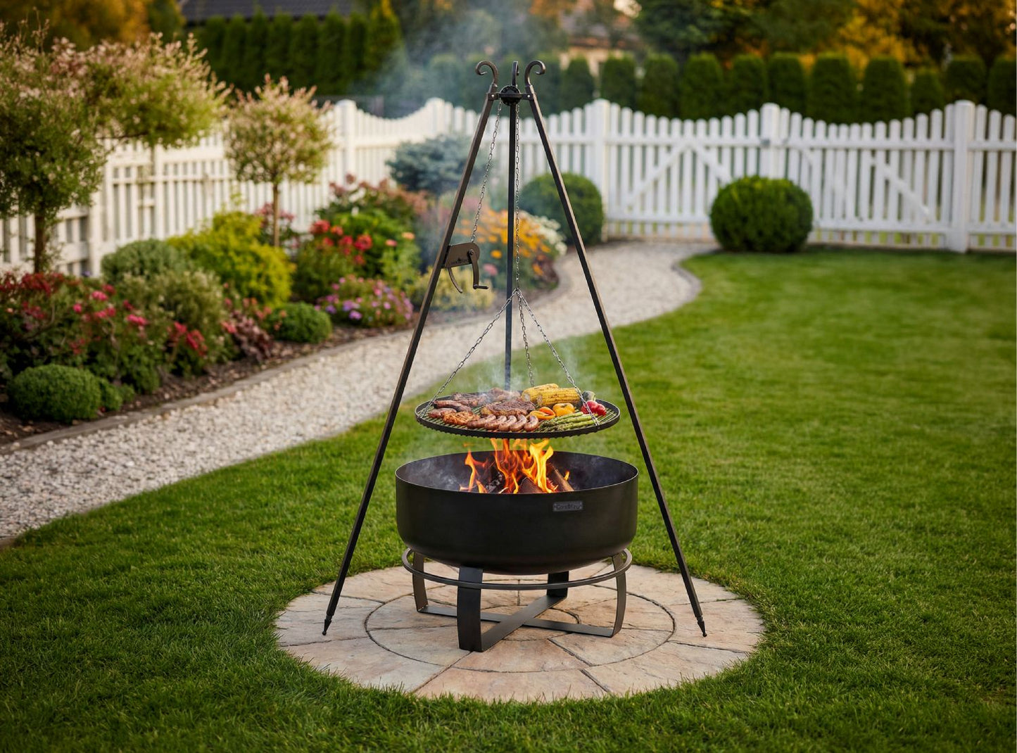 Dreibeingrill mit Kurbel und 80 cm Feuerschale im Garten beim Grillen von Fleisch und Mais über offenem Feuer.