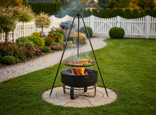 Dreibeingrill mit Kurbel und 80 cm Feuerschale im Garten beim Grillen von Fleisch und Mais über offenem Feuer.