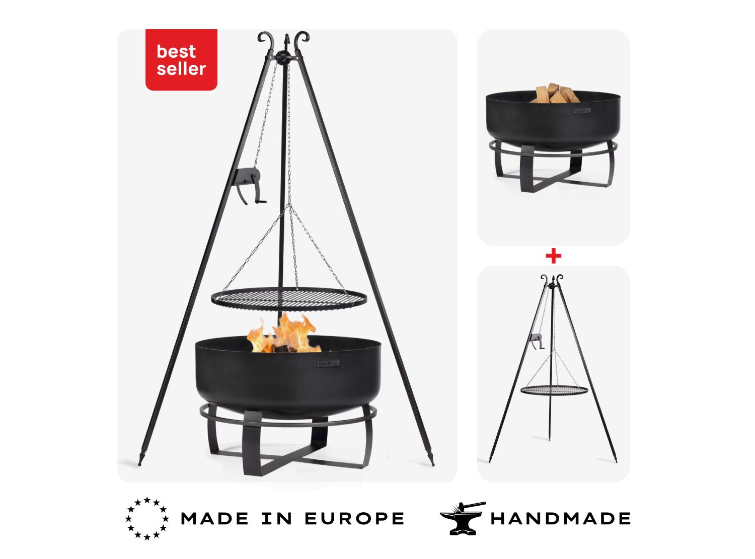 Produktset-Übersicht: Handgefertigter Schwenkgrill und Viking XXL Feuerschale aus Europa mit 'Best Seller' Auszeichnung und Detailansichten.