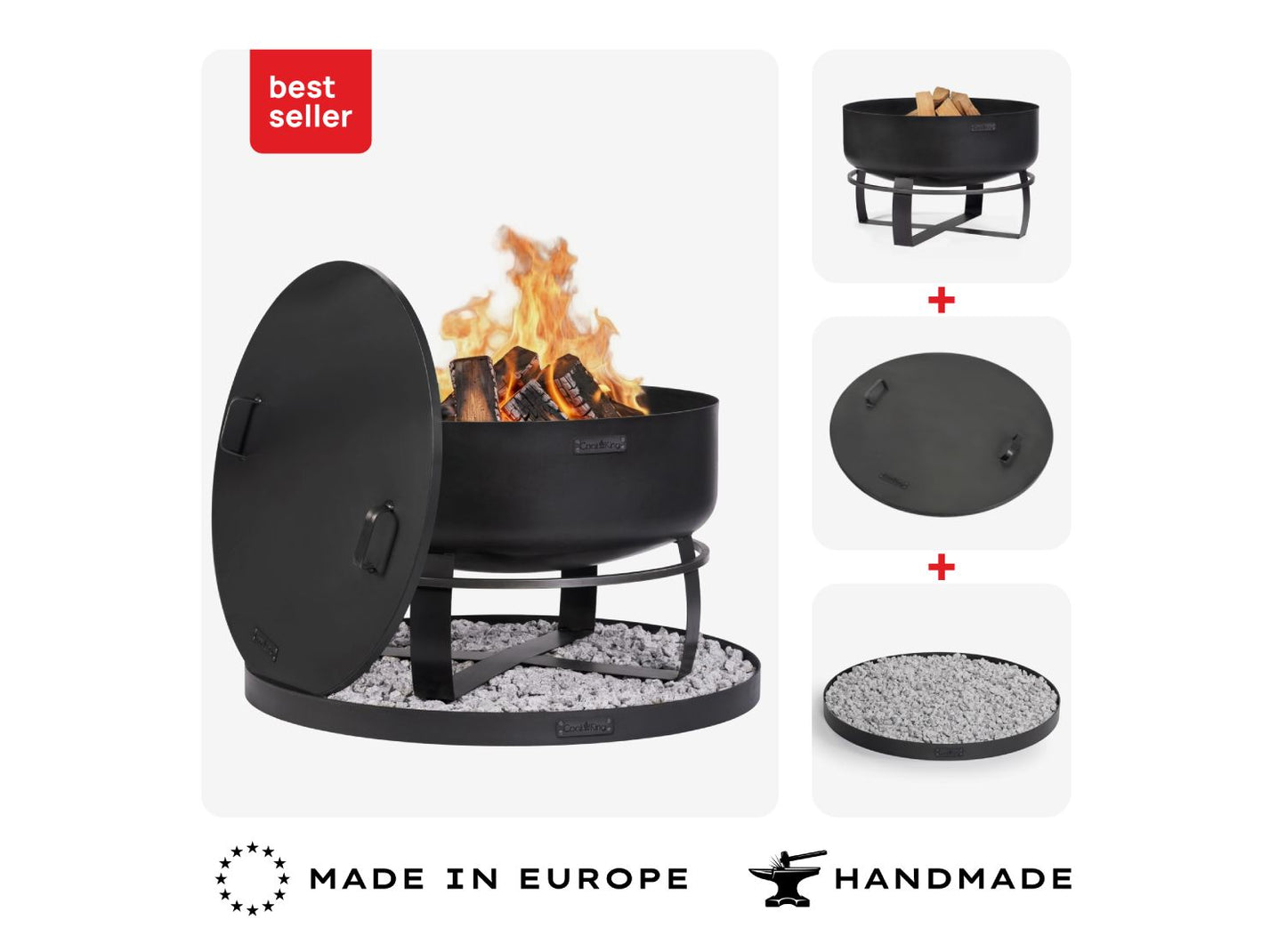 „Produkt-Set-Übersicht der XXL-Feuerschale Viking mit brennendem Holz, inklusive Einzeldarstellungen von Schale, Deckel und Steinbasis; ergänzt durch Siegel für 'Bestseller', 'Handmade' und 'Made in Europe'.“
