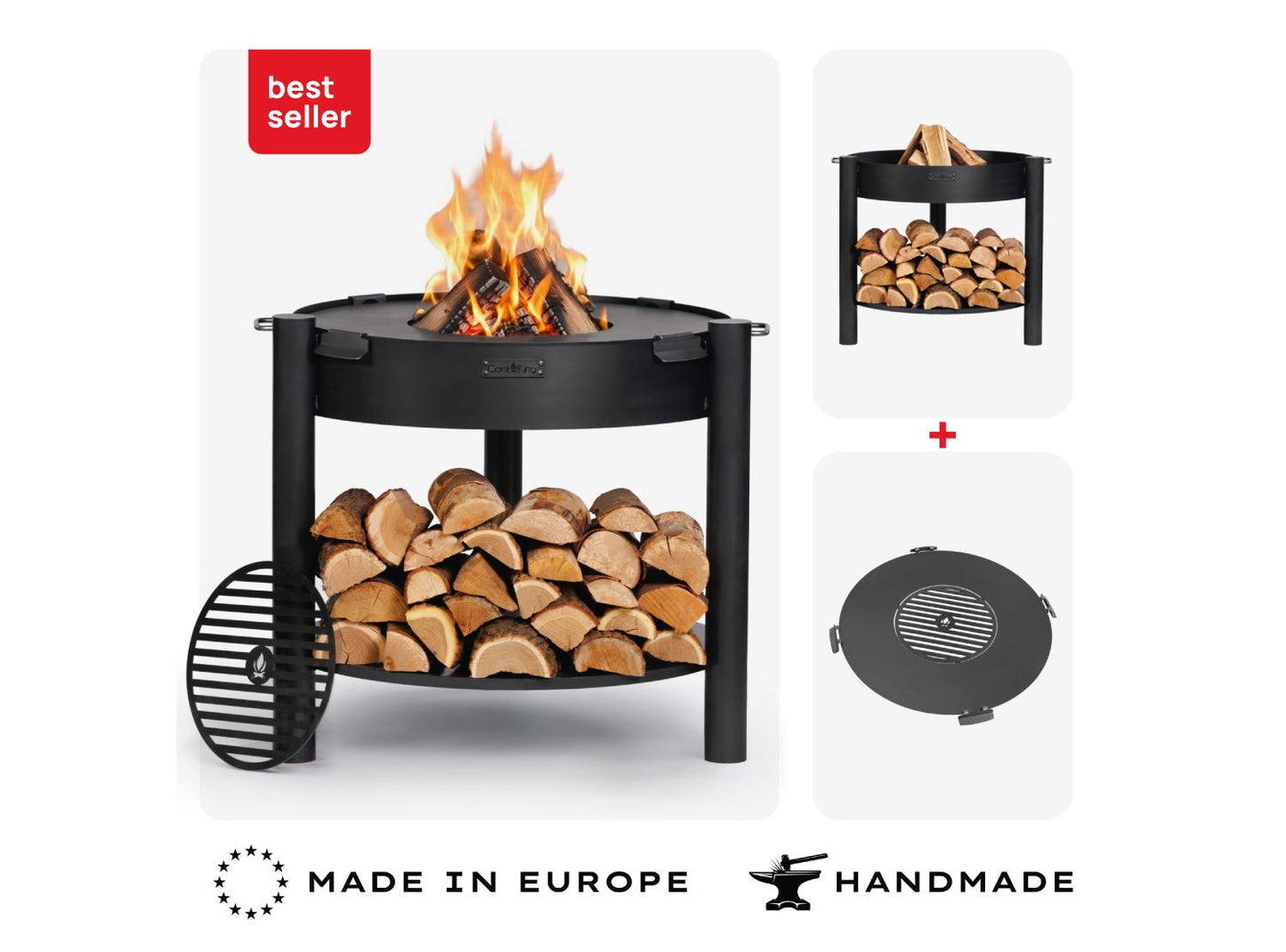 Feuerschale CookKing Montana hoch 80 cm mit Grillplatte 78 cm und Grillrost 37 cm als Set, Naturstahl Feuerstelle mit Holzablage und herausnehmbarem Grillrost Made in Europe