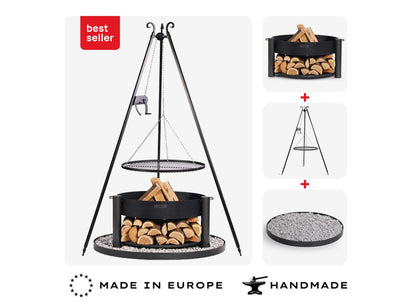 Feuerschale MONTANA 80 cm mit Schwenkgrill 180 cm und Grillrost 70 cm und runder Feuerschalenbasis als Set, Naturstahl Feuerstelle mit Dreibein Grill, Holzablage und Kurbelmechanismus Made in Europe