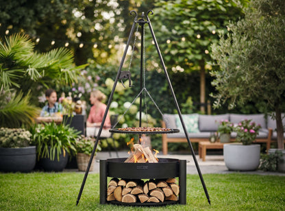 Feuerschale MONTANA 80 cm mit Schwenkgrill 180 cm im Garten, Grillrost 70 cm über offenem Feuer mit Holzlagerung und Dreibein Konstruktion