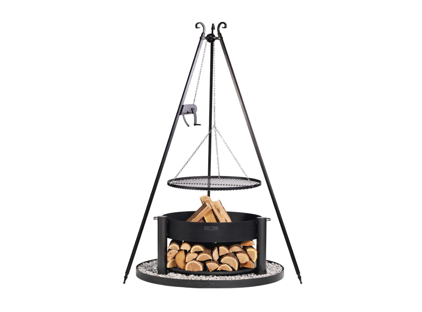 Feuerschale MONTANA 80 cm + Schwenkgrill 180 cm mit Kurbel + Grillrost aus Rohstahl 70 cm und Feuerschalenbasis rund