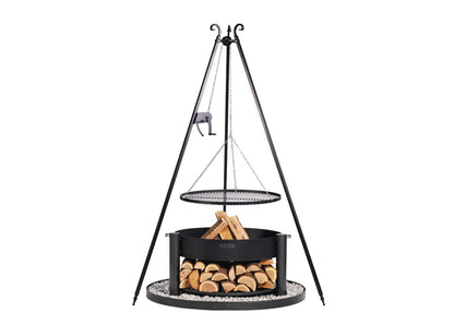 Feuerschale MONTANA 80 cm + Schwenkgrill 180 cm mit Kurbel + Grillrost aus Rohstahl 70 cm und Feuerschalenbasis rund