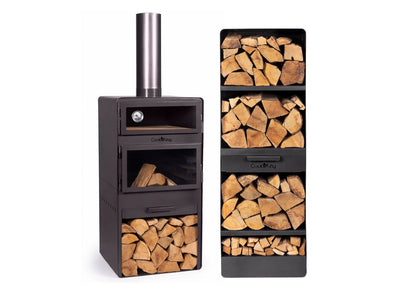 Outdoor-Backofen VENTO mit Thermometer, Glastür und passendem 120 cm Holzregal aus schwarzem Naturstahl vor weißem Hintergrund.