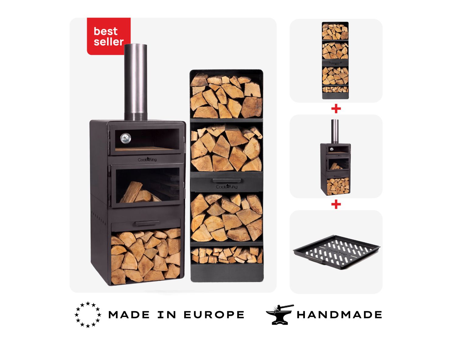 Best Seller Set-Übersicht: Handgefertigter Gartenofen VENTO mit Backofen, 120 cm Holzregal und passendem Grillrost aus europäischer Produktion.