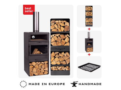 Best Seller Set-Übersicht: Handgefertigter Gartenofen VENTO mit Backofen, 120 cm Holzregal und passendem Grillrost aus europäischer Produktion.
