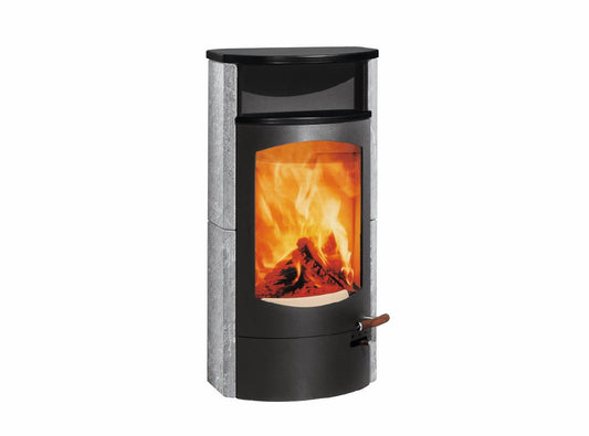 Kaminofen Austroflamm Koko 2.0 (6 kW) Speckstein, Warmhaltefach Keramik Schwarz matt, Topplatte Keramik Schwarz matt, RRA hinten