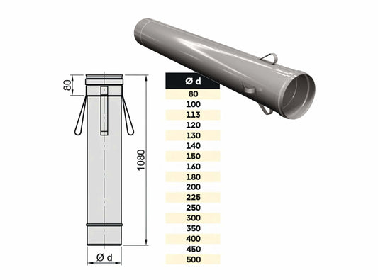 Längenelement 1080 mm mit Abstandshaltern - einwandig - eka edelstahlkamine complex E