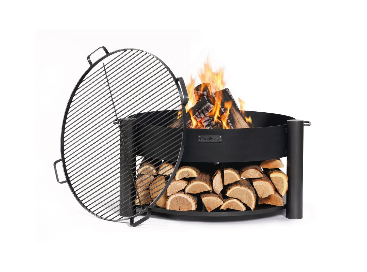 CookKing Feuerschale MONTANA 80 cm mit Grillrost, brennendes Holz, integrierte Holzablage und seitliche Griffe aus Stahl