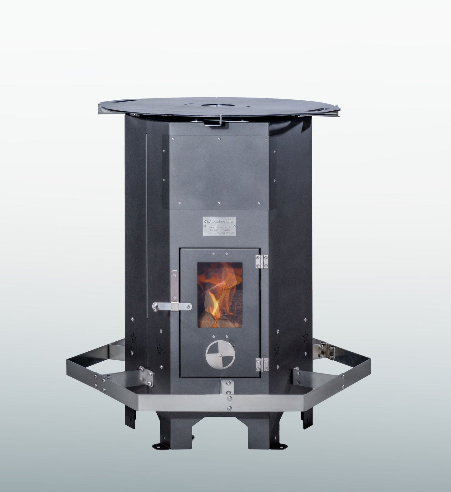 Feuerplatte aus 5 mm Stahl für Outdooröfen – Plancha- & Grillplatte Ø 800 mm mit Halterungen