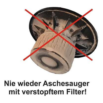 Asche-SAUBER-Sauger SHIRLEY – Durchgestrichenes Beispiel eines verschmutzten Filters mit vollständigem Text